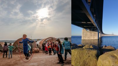 Kollage på ett flyktingläger och Öresundsbron